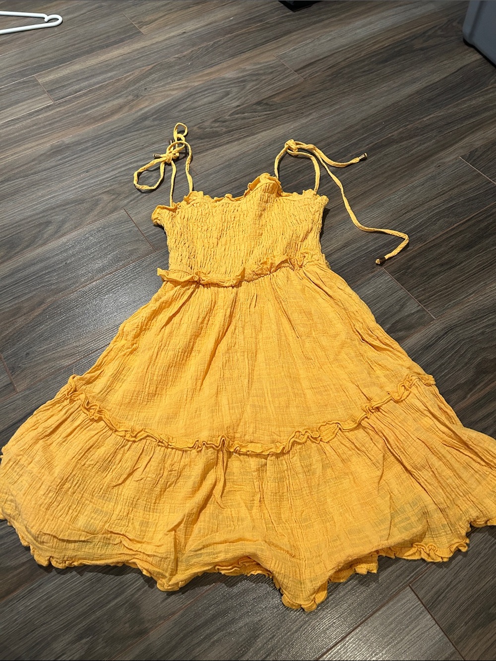 Womens Yellow Smocked Sundress with Tie Straps